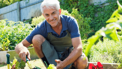 Homme plantant des légumes.