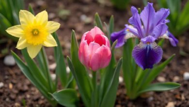 Iris, tulipe et jonquille fleurissant ensemble dans un jardin