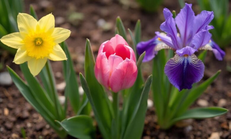 Iris, tulipe et jonquille fleurissant ensemble dans un jardin