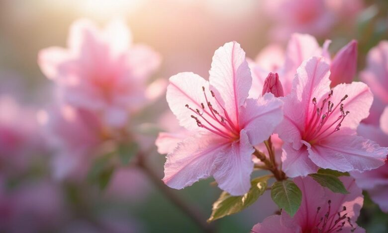 Gros plan sur des fleurs d'azalée roses en fleur dans la nature