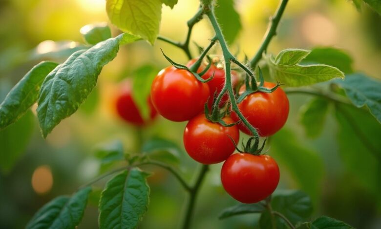 Gros plan sur une grappe de tomates rouges bien développées sur la plante