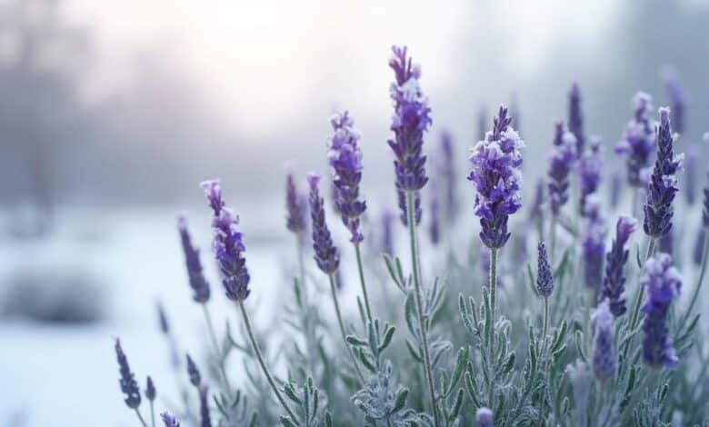 Tiges de lavande violette recouvertes de givre sur fond gris