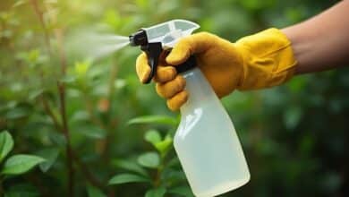 Mains gantées tenant un pulvérisateur rempli de produit naturel dans un jardin verdoyant