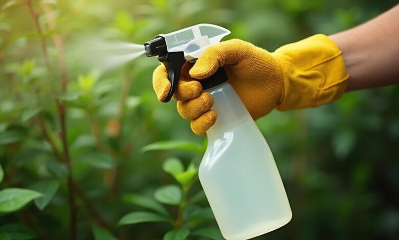 Mains gantées tenant un pulvérisateur rempli de produit naturel dans un jardin verdoyant